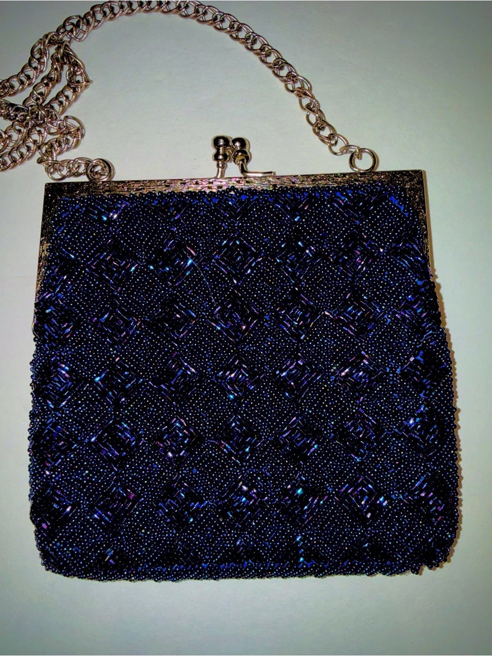 Vintage 60s Walborg Iridescent Blue Purple Beaded Handbag Clutch Hong Kong